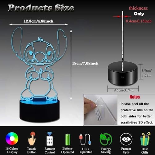 3D Illusion LED Night Light with Remote Control, 16-Color Kids Room Lamp