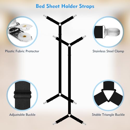 Adjustable Bed Sheet Straps - 2 Pack Elastic Sheet Holders with Metal Clips