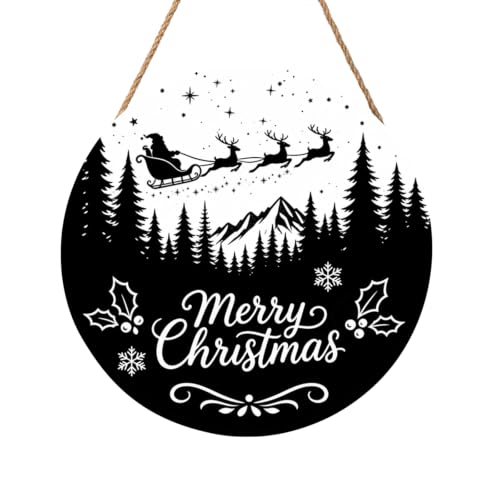 Winter-Merry Christmas Black 12x12 Inch Wooden Door Sign with Snowflakes & Trees