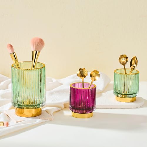 Large Green Glass Makeup Brush & Toothbrush Holder Organizer with Gold Base