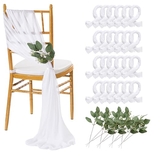 24 Pack White Chair Sashes for Wedding Aisle Decorations - 8ft Long Draping Fabric