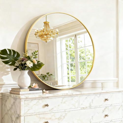 SageNest 30 Inch Gold Round Wall Mirror with Metal Frame - Modern Vanity, Entryway & Bathroom Decor