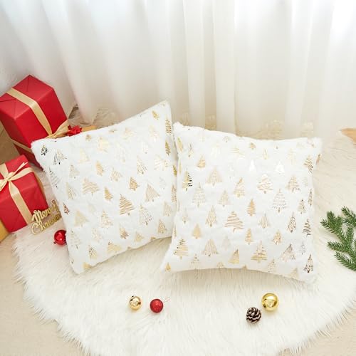 HOMFREEST Gold Christmas Trees Pillow Covers 18x18 Set of 2 White Xmax Soft Faux Fur Throw Pillowcases Winter Holiday Decorative Cushion Cases for Sofa Couch Home Decor