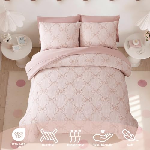 5-Piece Twin XL Comforter Set - Pink Bow Bedding for Girls