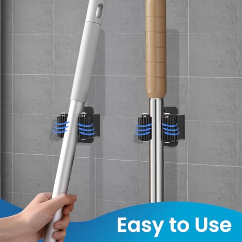 Stainless Steel Broom and Mop Holder Wall Mount 4-Pack Organizer Rack