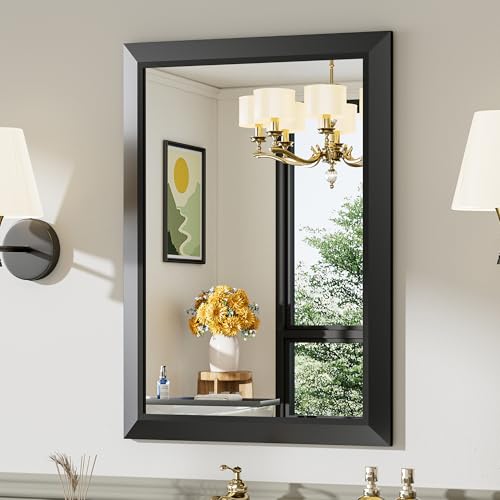 22x30 Inch Black Metal Framed Wall Mirror, Shatter-Proof Bathroom Vanity