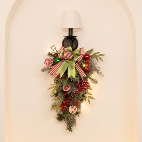 Valery Madelyn Christmas Teardrop Swag with Elf Decoration, Red Green White, 24 Inch