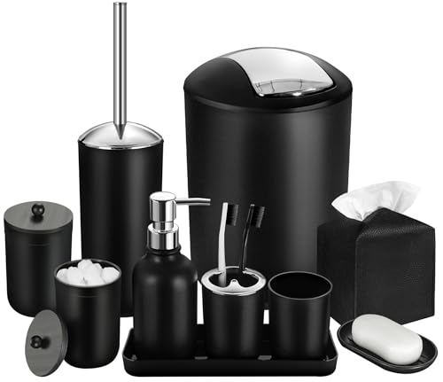 10-Piece Matte Black Bathroom Accessory Set with Trash Can & Tissue Holder