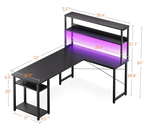 53-Inch L-Shaped Gaming Desk with Hutch, LED Lights, and Storage Shelves