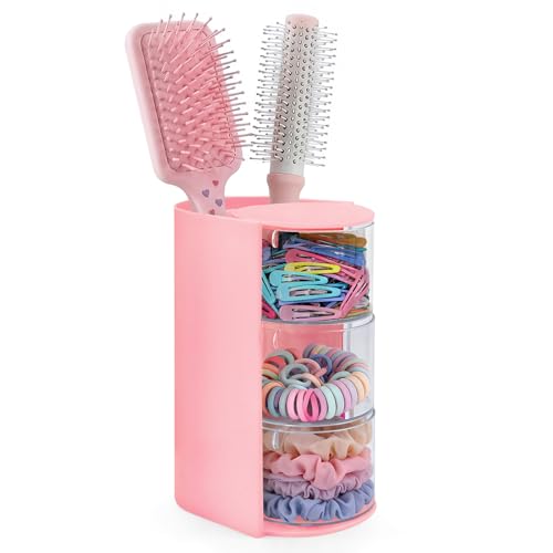 Neotidy Pink Rotating Hair Accessories Organizer with Brush & Tiered Storage