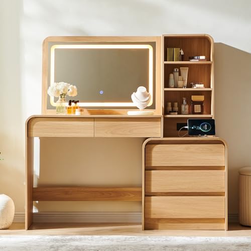 50" Modern Makeup Vanity Desk with LED Mirror, 5 Drawers & Charging Station