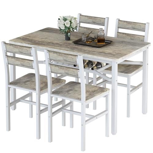 5-Piece Rustic Farmhouse Dining Table Set with 4 Chairs and Storage Shelf
