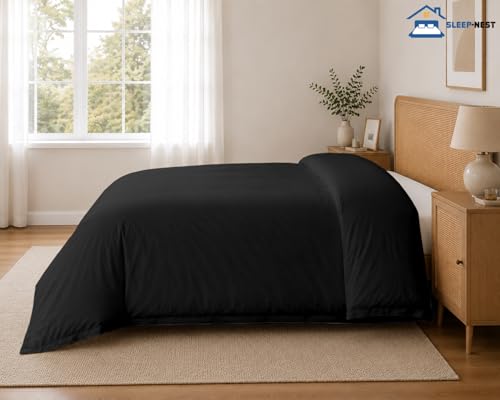Oversized Queen Duvet Cover - 100% Cotton, Zipper Closure, Soft & Breathable - Black