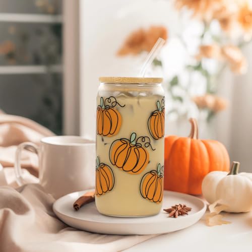 Joyseller 18oz Fall Pumpkin Iced Coffee Glass Cup with Lid & Straw - Orange