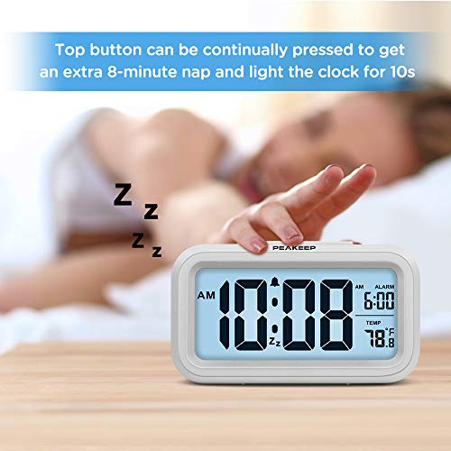 Digital Alarm Clock with Night Light & Temperature - Battery Operated (White)