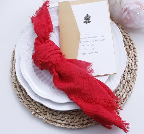 JINVASE Red Cotton Gauze Cloth Napkins with Fringe Set of 12, 16x16 inches