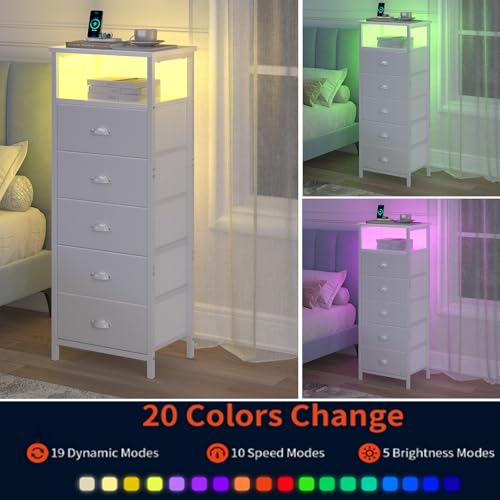 Nightstand with Charging Station, 5 Drawers, RGB LED Lights, White