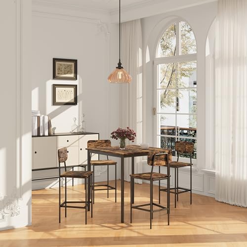 5-Piece Industrial Dining Table Set with 4 Stools, Rustic Space Saving