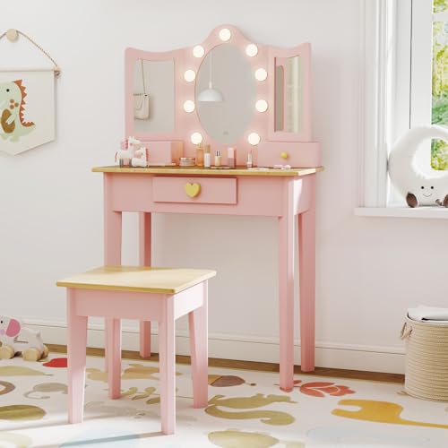 Kids Vanity Set with LED Mirror and Chair - Wooden Makeup Desk for Girls