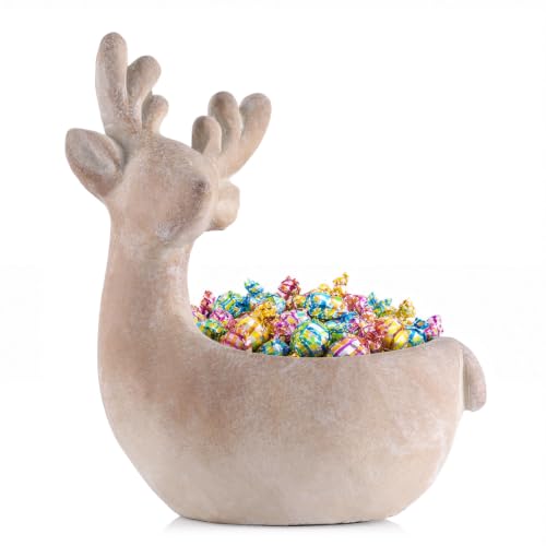 Beige Reindeer Decorative Bowl - Christmas Tabletop Centerpiece, 8.7" Cement Holiday Decor