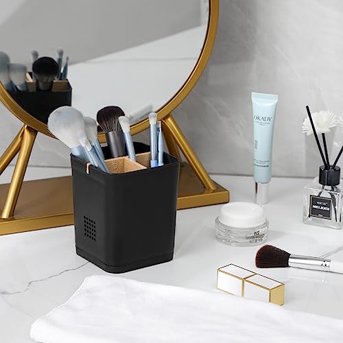 Electric Toothbrush and Toothpaste Organizer with Bamboo Divider, Black