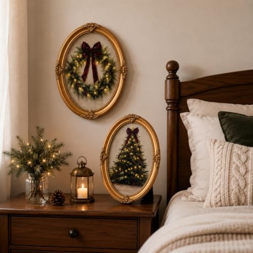 2 Pcs Vintage Gold Framed Wall Art 8x10 Oval Bow & Wreath Set (Pinkunn) - Pre Framed Canvas