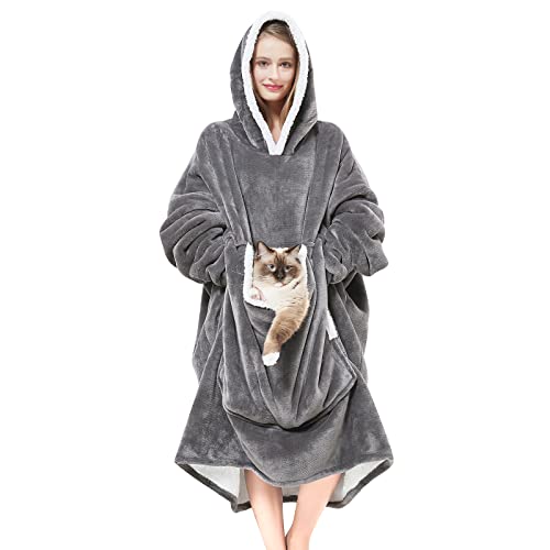 Oversized Wearable Blanket Hoodie with Giant Pet Pouch - Grey Sherpa