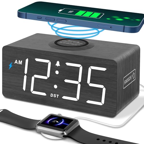 Wooden Digital Alarm Clock with Wireless Charging Station & USB Port