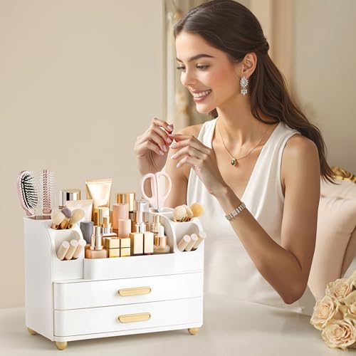 HBlife All White Large Makeup Organizer with Brush Holder & Drawers