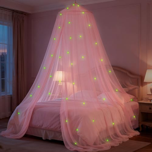 Pink Princess Bed Canopy with Glow-in-the-Dark Stars for Girls Room
