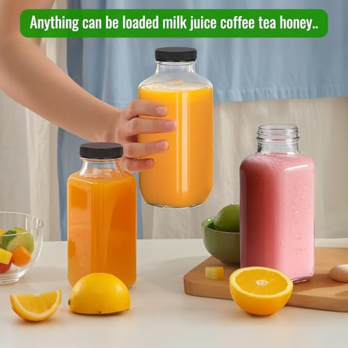 8 oz Square Glass Juice Bottles with Lids - 6 Pack Reusable Drink Containers