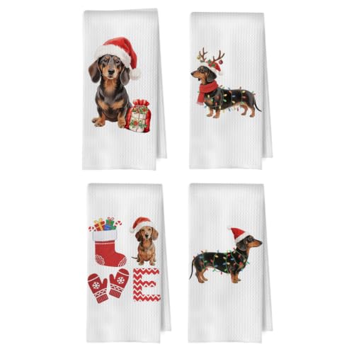 BlissfulAbon Dachshund Christmas Kitchen Towels Set - Weiner Dog Gift, 16x24 Inches, 4-Piece