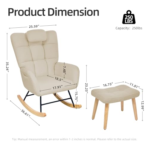 Upholstered Nursery Rocking Chair and Ottoman with High Backrest