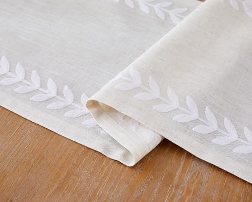 Wracra Embroidered Table Runner 14x36 Inch White/Cream Linen & Polyester
