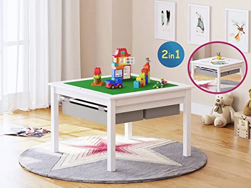 UTEX Kids Construction Play Table & Chairs Set - White with Gray Drawer, 2-in-1 Toddler Activity Table for Building & Creative Play