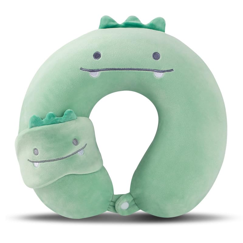 Kids Travel Neck Pillow with Eye Mask - Memory Foam Dinosaur Design