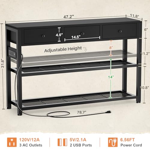 47-Inch Console Table with Drawers, Charging Outlets, and Storage Shelves
