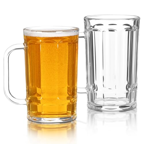 Set of 2 Glass Beer Mugs, 11oz Clear Beer Steins with Handles