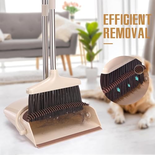 Upright Broom and Dustpan Set with Adjustable Long Handle & Built-In Comb