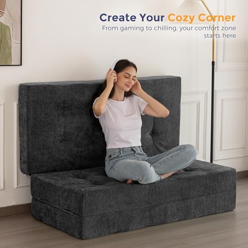 6-Inch Tri-Fold Floor Mattress and Sofa Bed, Full Size Tufted Chenille Couch