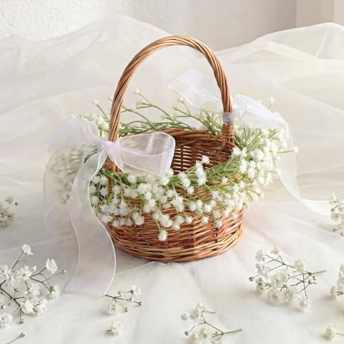 Rustic Wicker Flower Girl Basket with Artificial Baby Breath & Bow