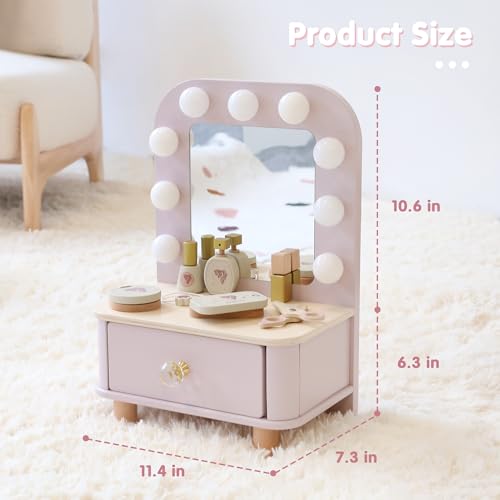 Wooden Toddler Makeup Vanity Set with Lighted Mirror and 10 Accessories