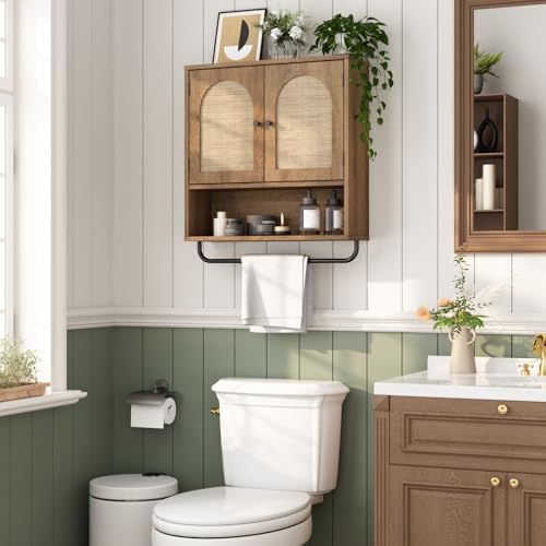 Boho Rattan Wall Cabinet with Arched Doors and Towel Bar, Rustic Oak