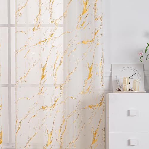 Gold & Cream Sheer Curtains 52 x 96 Inches, Metallic Marble Window Panel, Pack of 2