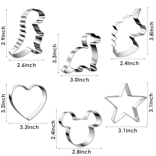 6 Pieces Stainless Steel Cookie Cutters - Mickey, Unicorn, Dinosaur, Heart, Star - Silver