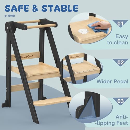 Foldable Toddler Kitchen Stool - 3-Height Adjustable Wooden Learning Tower