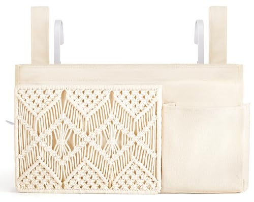 Macrame Bedside Hanging Organizer with 4 Pockets and Metal Hooks