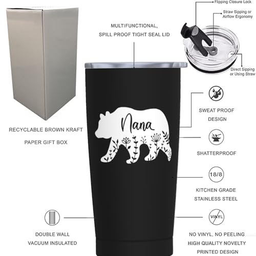 Yipaidel Nana Bear Floral 20oz Travel Coffee Mug Tumbler, Insulated Stainless Steel