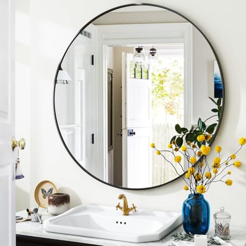 30-Inch Round Bathroom Mirror, Black Metal Frame Wall Mirror