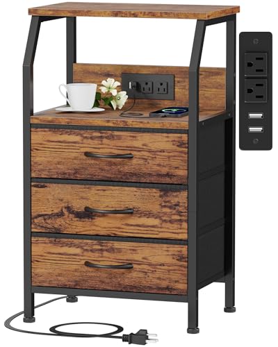 Nightstand with Charging Station and 3 Fabric Drawers, Rustic Side Table